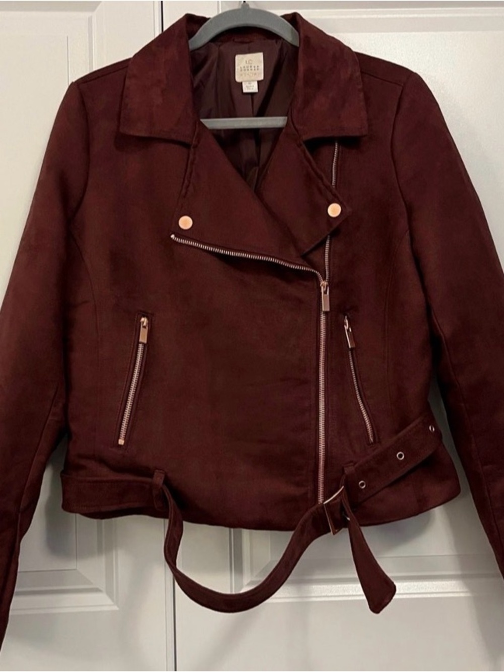 LC Lauren Conrad Burgundy Suede Moto Jacket with Belt